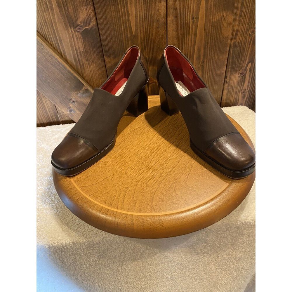 Donald J. Pliner Brown Leather & Spandex, Square‎ Heel Shoes, Size 7N - Picture 6 of 12